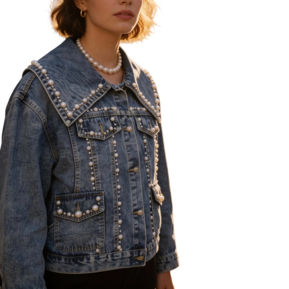 #A002 Pearl Embellished Denim Jacket – Size L – New without Tag - Picture 1 of 15